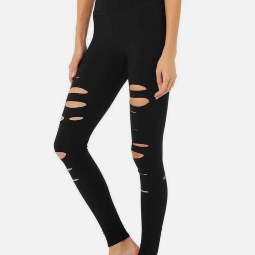 Alo Yoga High Waisted Ripped Warrior Leggings Black Full Length Womenâs Small